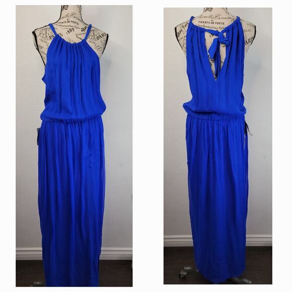 Charlie Jade Halter Silk Maxi Dress Sz Small Slip Cobalt Blue Side Slit - Picture 1 of 11